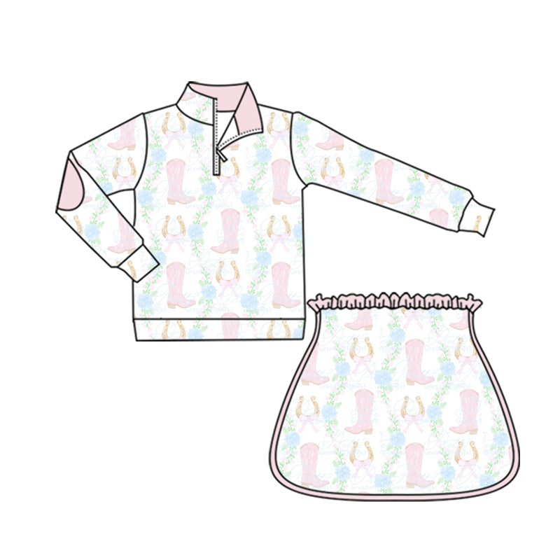 preorder GLD1098 yoga Western boors flowers pink zipper long sleeve skirt skorts girls set