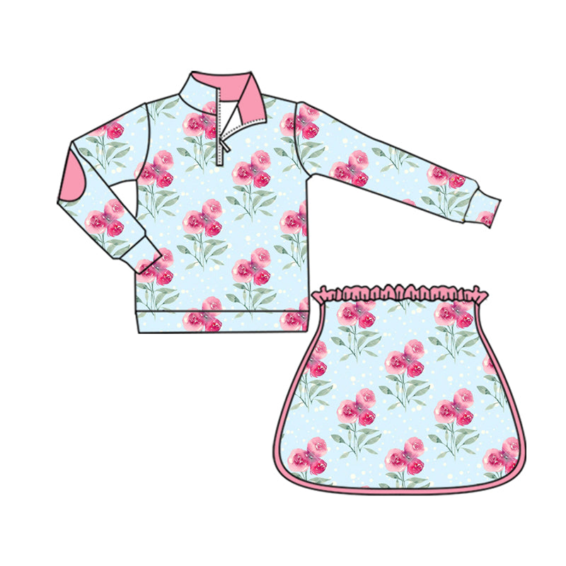 preorder GLD1099 yoga hot pink flowers rose blue zipper long sleeve skirt skorts girls set