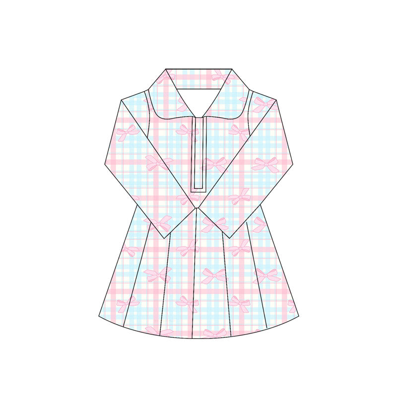 preorder GLD1106 yoga pink bows blue checkered zipper long sleeve girls dress skorts