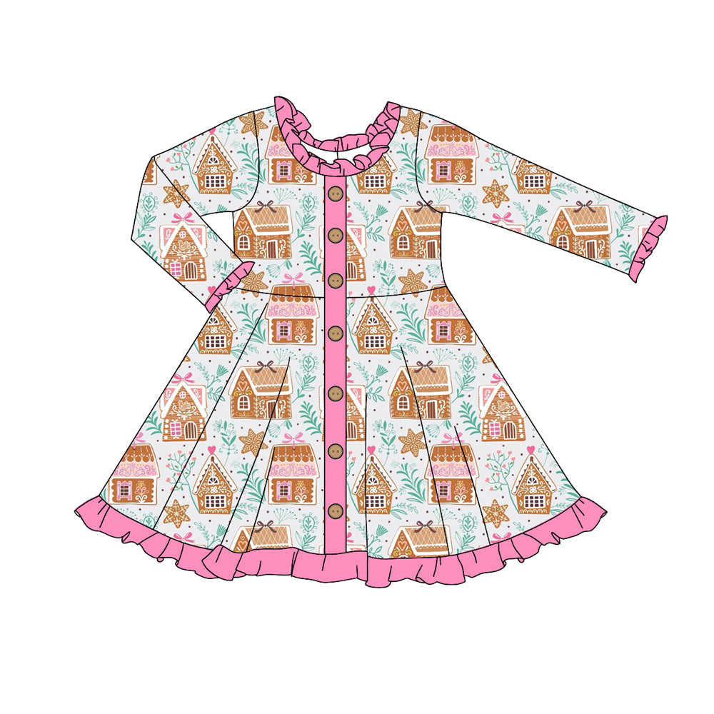 preorder GLD1108 Christmas gingerbread house pink long sleeve girls dress