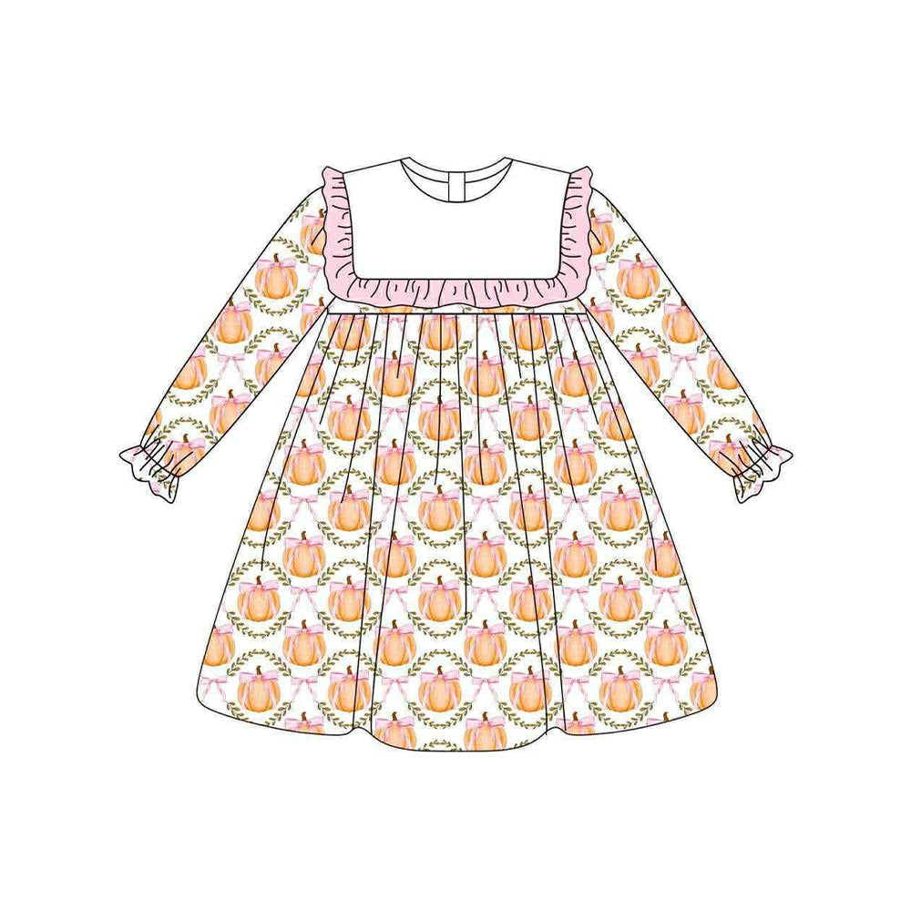 preorder GLD1112 pumpkin bows orange/pink long sleeve girls dress