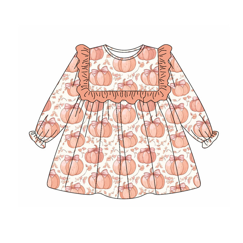 preorder GLD1117 Autumn pumpkin orange bows long sleeve girls dress