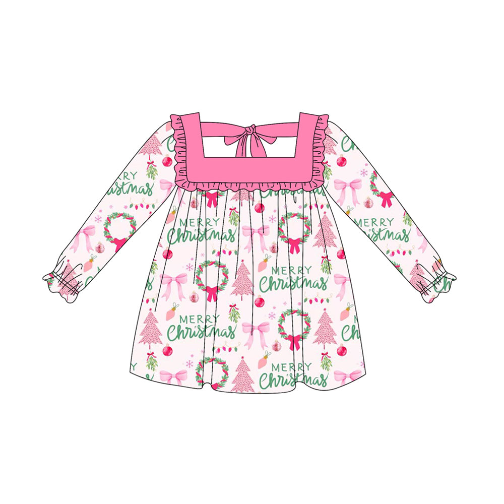 preorder GLD1119 Merry Christmas bow tree hot pink long sleeve girls dress