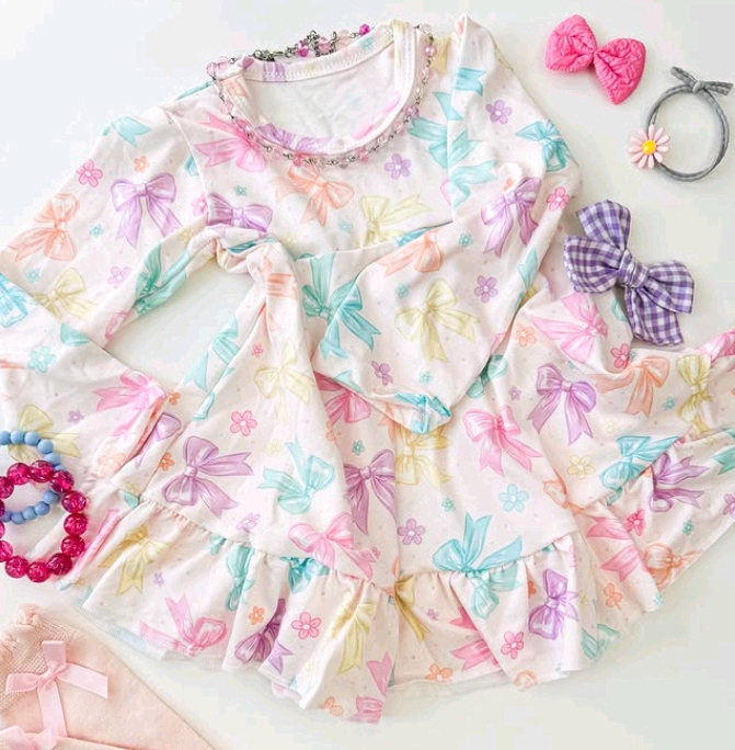 preorder GLD1121 colorful bows pink long sleeve girls dress