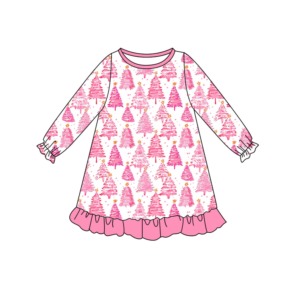 preorder GLD1126 Christmas hot pink tree long sleeve girls dress