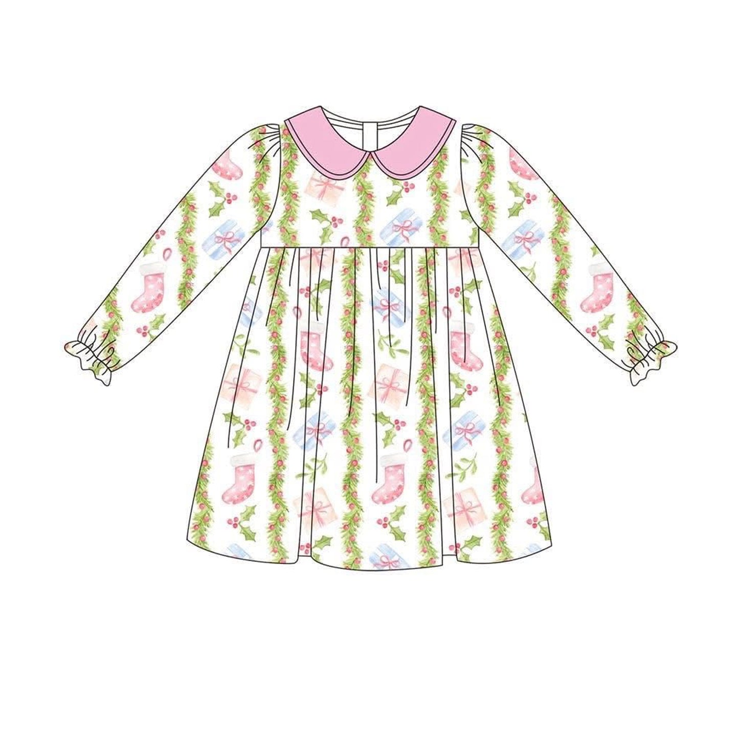 preorder GLD1133 Christmas holly berry gift long sleeve girls dress