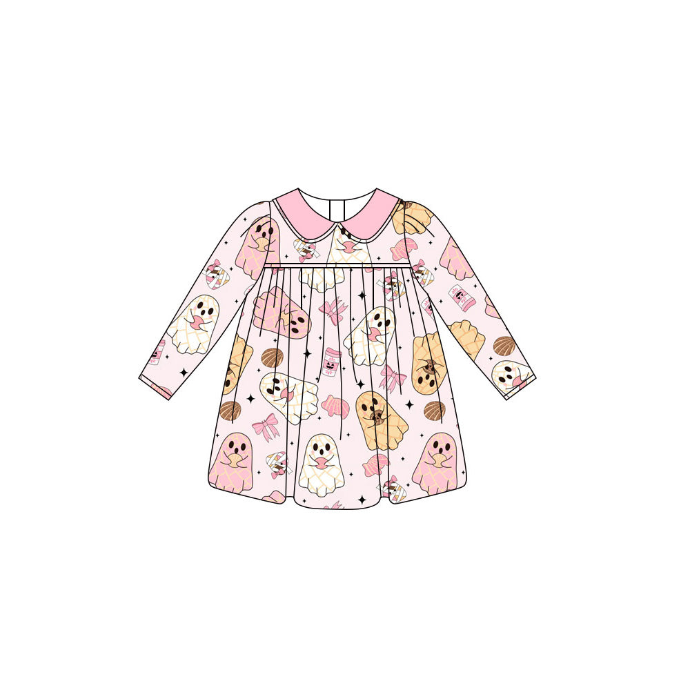 preorder GLD1138 Halloween spooky bows pink long sleeve girls dress