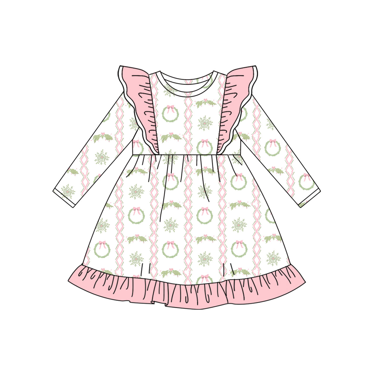 preorder GLD1141 Christmas holly berry pink ruffles long sleeve girls dress