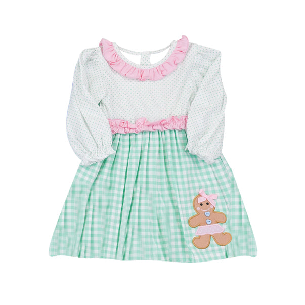 preorder GLD1143 Christmas gingerbread man green checkered long sleeve girls dress