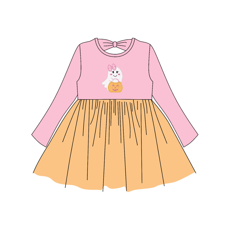 preorder GLD1163 Halloween Spooky pumpkin pink orange long sleeve girls dress