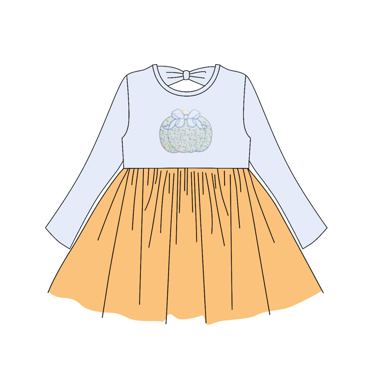 preorder GLD1165 blue pumpkin grey blue orange long sleeve girls dress