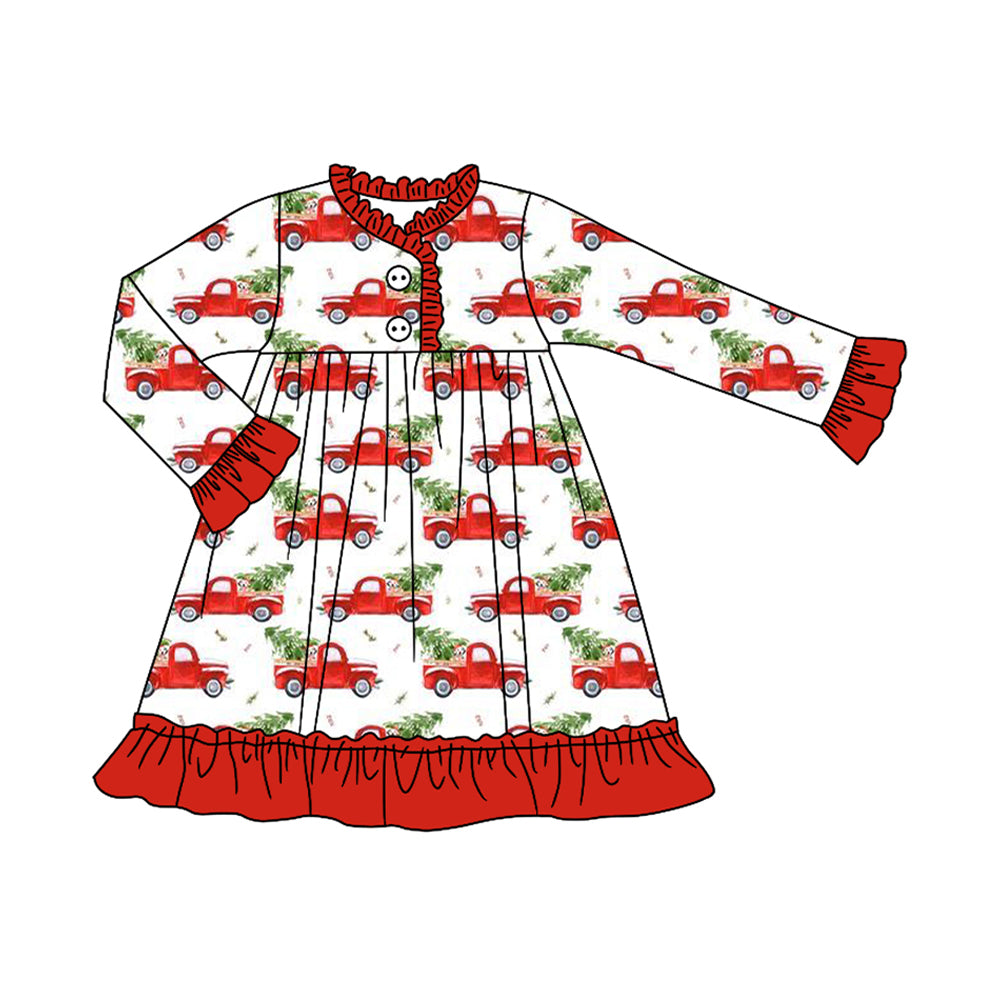 preorder GLD1166 Christmas tree truck car red long sleeve girls dress