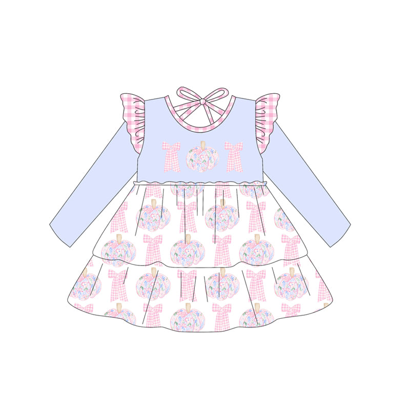 preorder GLD1169 flowers pumpkin bows blue ruffles long sleeve girls dress