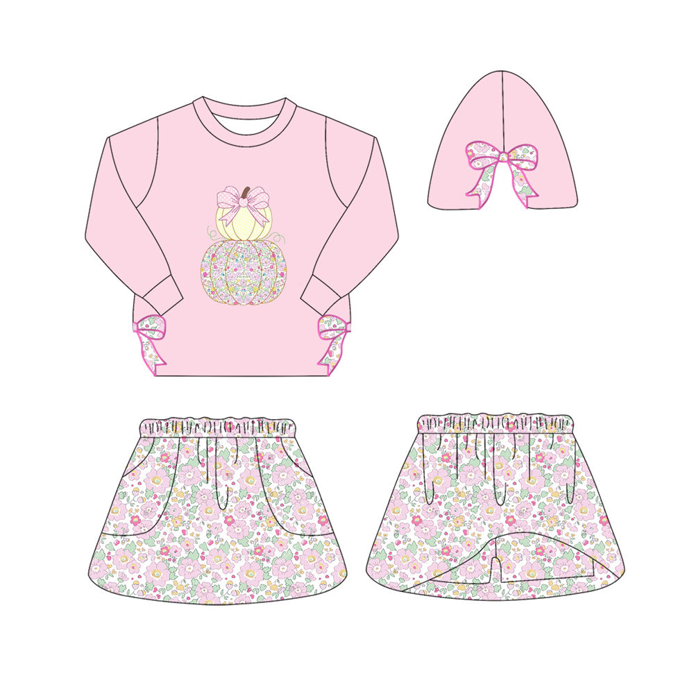 preorder GLD1173 spilt side bows pumpkin bow pink long sleeve flowers skirt skorts girls set