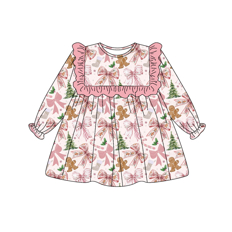 preorder GLD1176 Christmas bows tree candy cane gingerbread man holly berry pink long sleeve girls dress