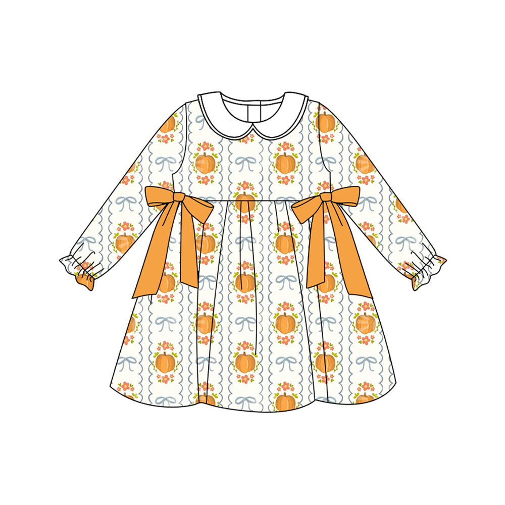 preorder GLD1180 Autumn pumpkin flowers bows orange long sleeve girls dress