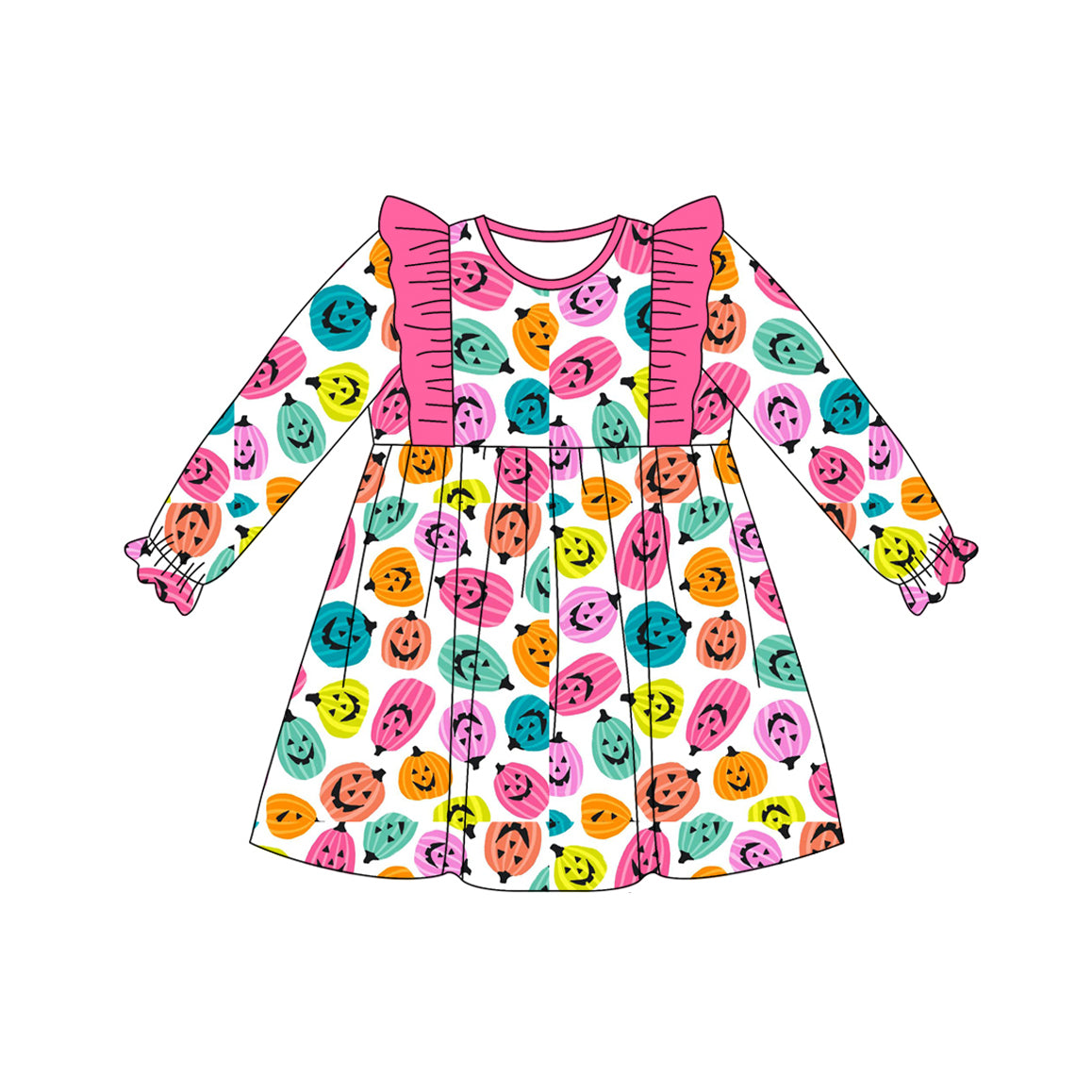 preorder GLD1187 Halloween colorful smile pumpkin pink long sleeve girls dress