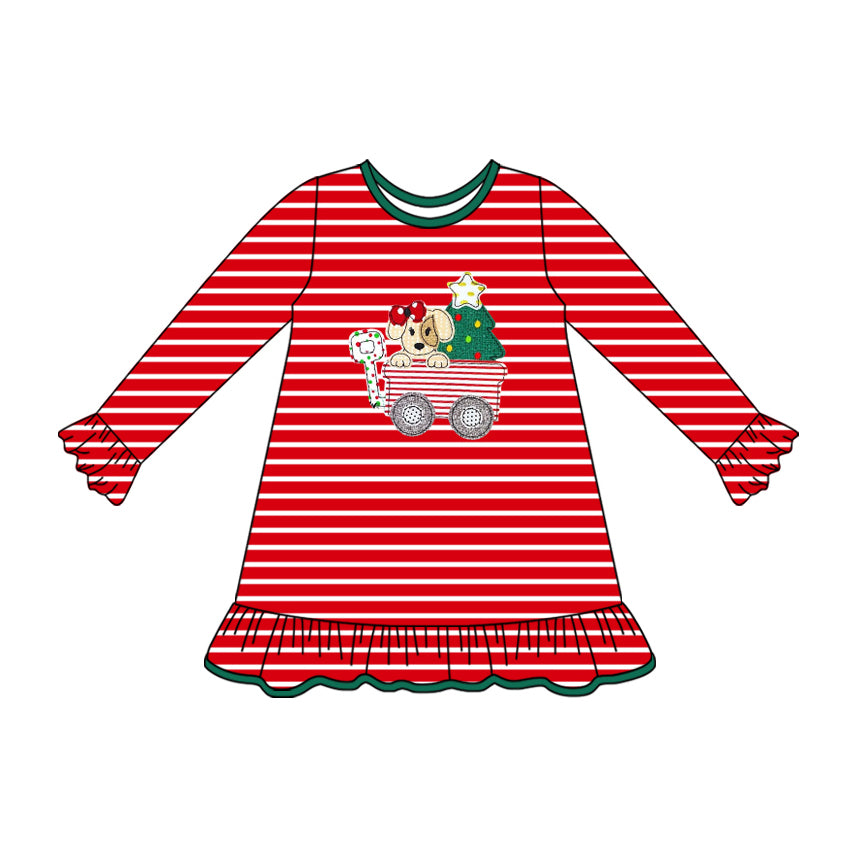 preorder GLD1194 Christmas tree dog truck red striped long sleeve girls dress