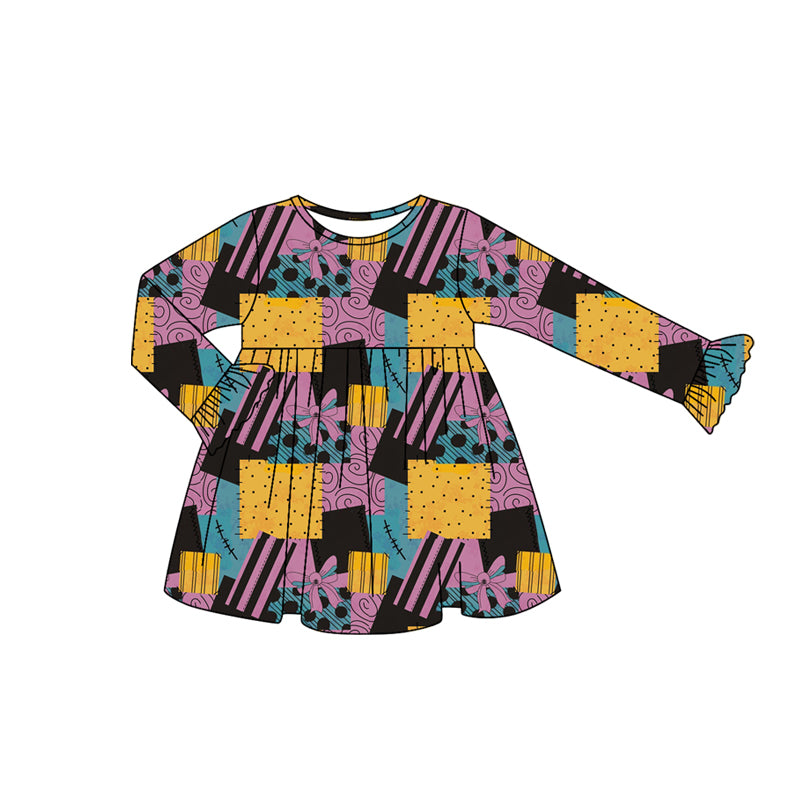preorder GLD1197 Hallooween purple black yellow long sleeve girls dress