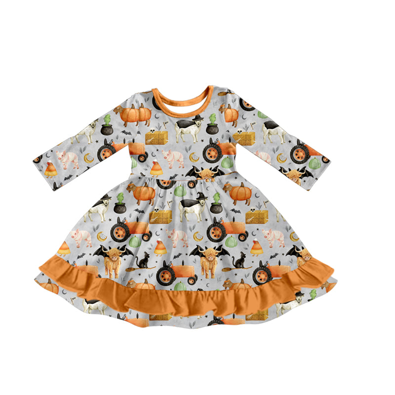 preorder GLD1207 Halloween pumpkin tractor cow animals orange long sleeve girls dress