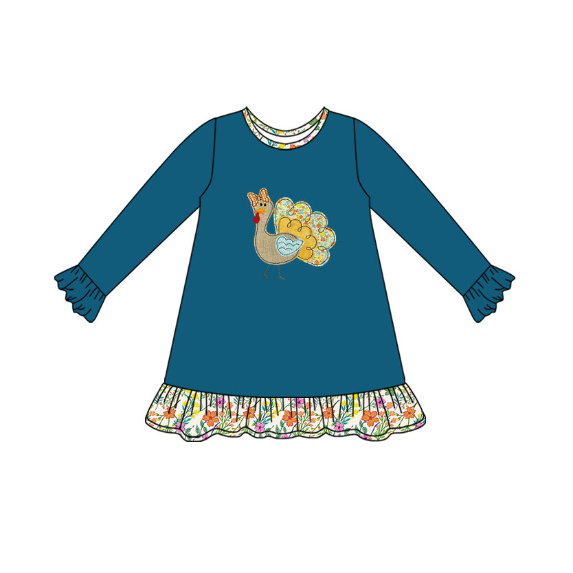 preorder GLD1211 Thanksgiving turkey flowers navy blue long sleeve girls dress