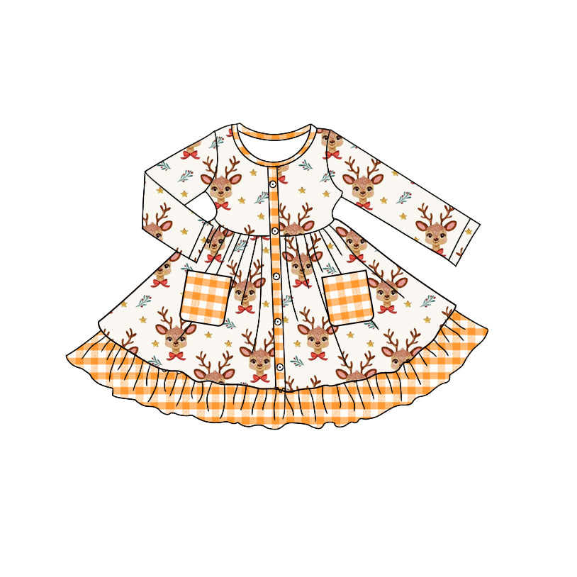 preorder GLD1215 Christmas deer pockets orange long sleeve girls dress
