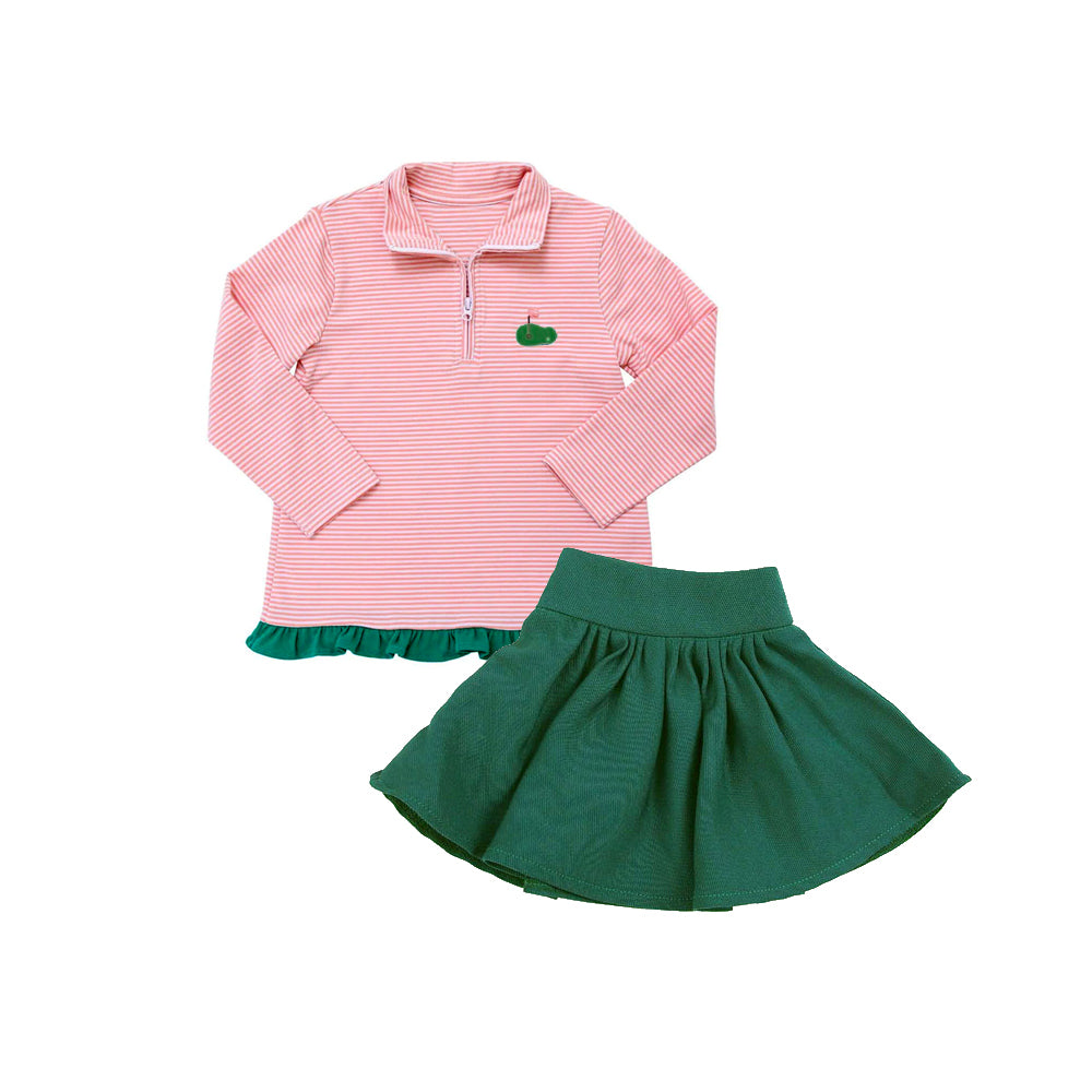 preorder GLD1219 golf pink striped zipper long sleeve green skort girlrs set