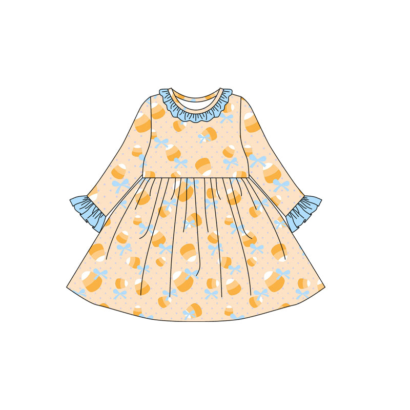 preorder GLD1223 Halloween corn candy bows blue long sleeve girls dress
