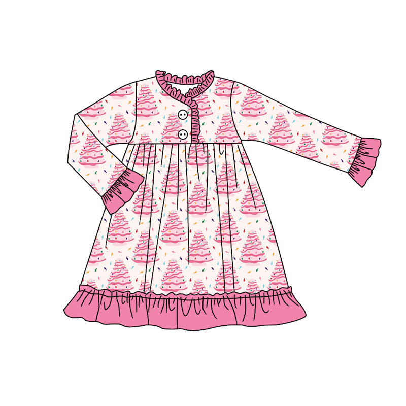 preorder GLD1225 Christmas tree hot pink long sleeve girls dress