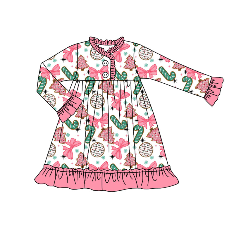 preorder GLD1229 Christmas cane candy bows tree pink long sleeve girls dress