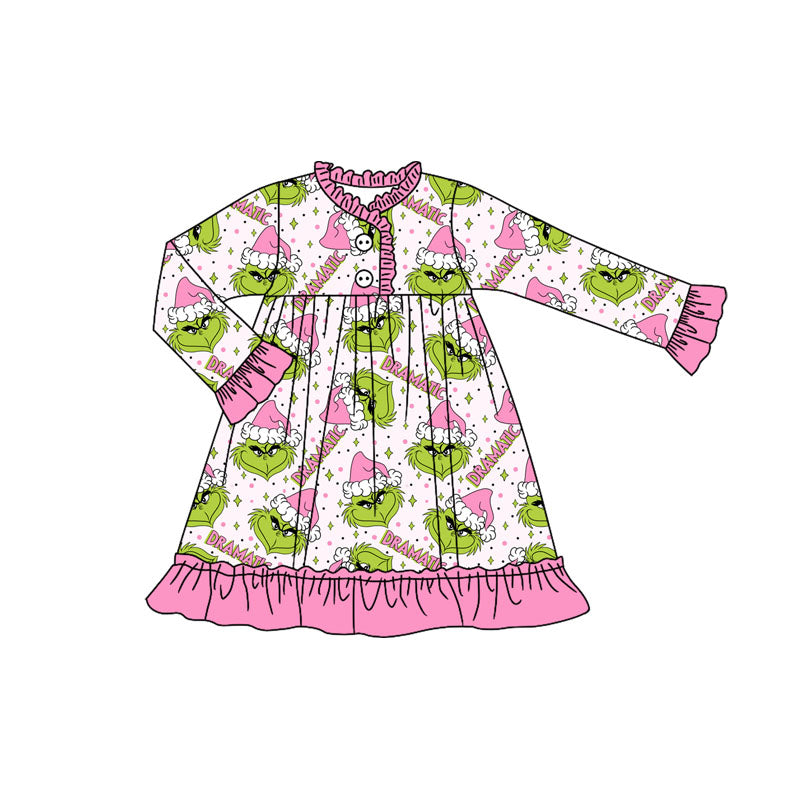 preorder GLD1235 Christmas green face dramatic pink long sleeve girls dress