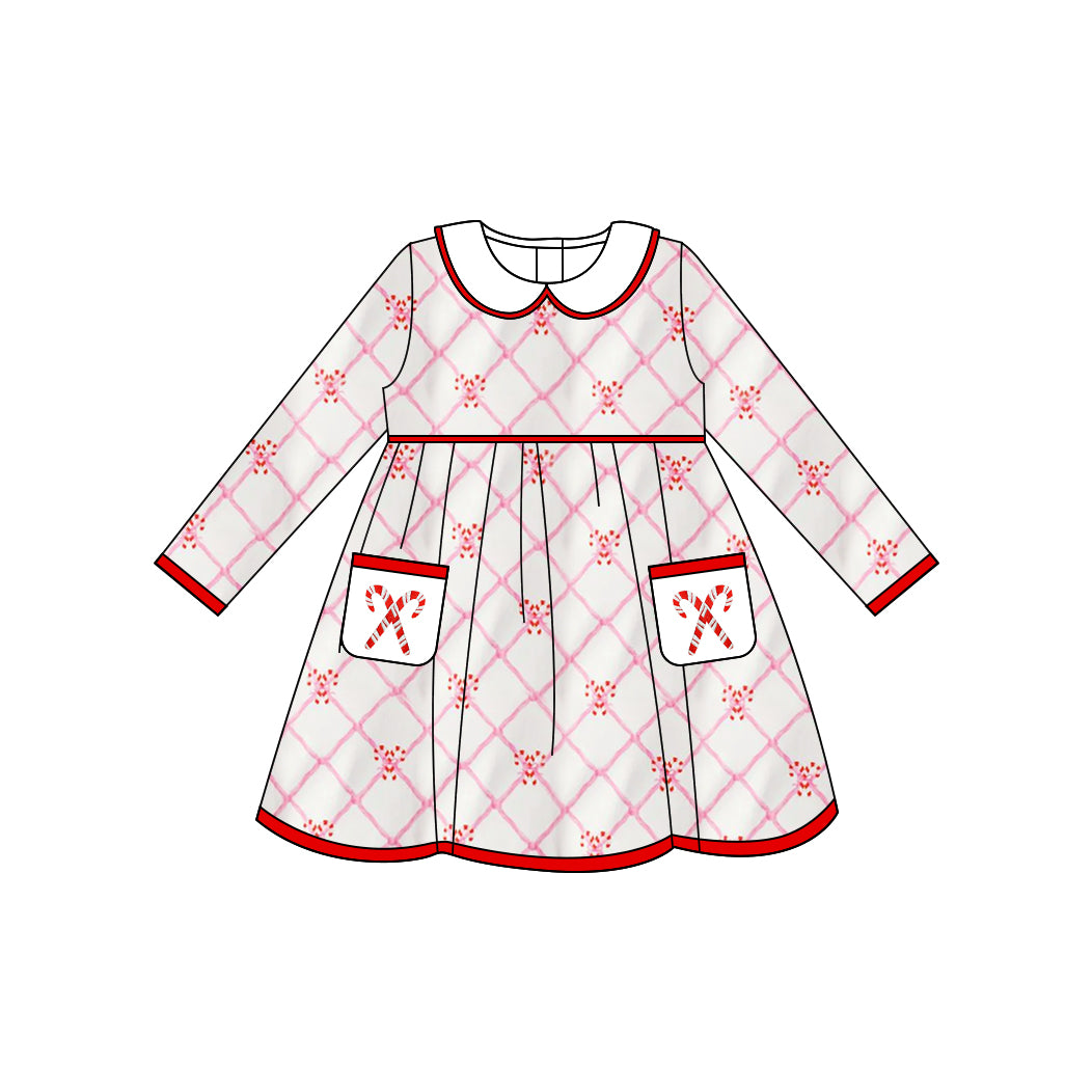 preorder GLD1238 Christmas cane candy red pockets long sleeve girls dress