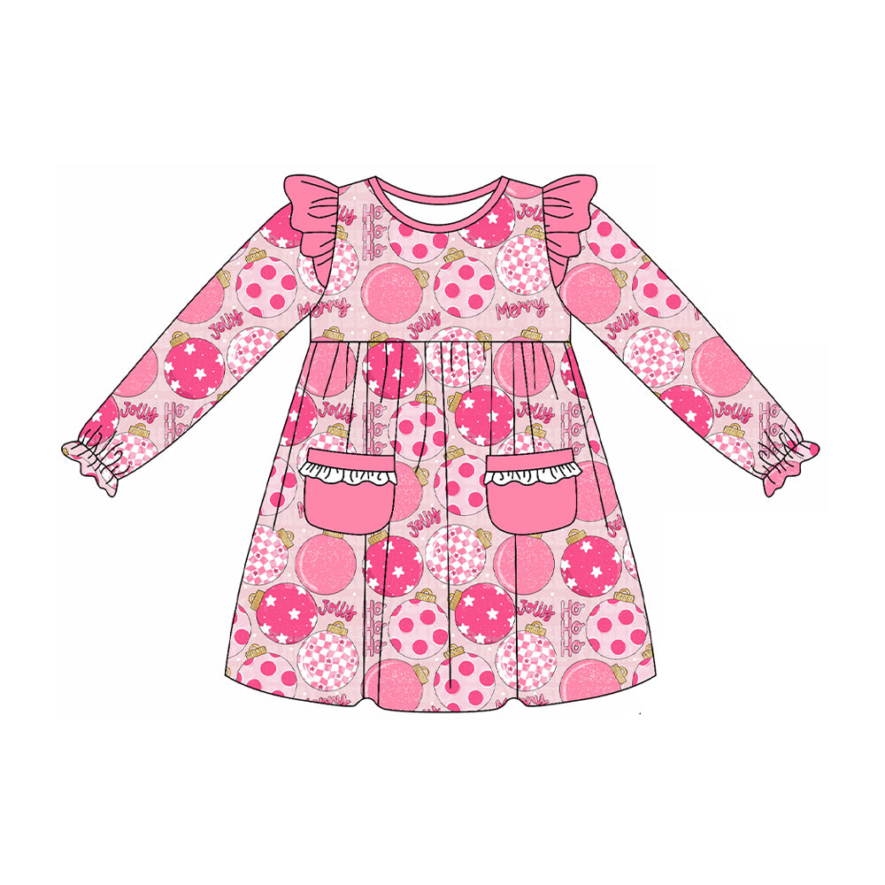 preorder GLD1239 Christmas light jolly pink pockets long sleeve girls dress