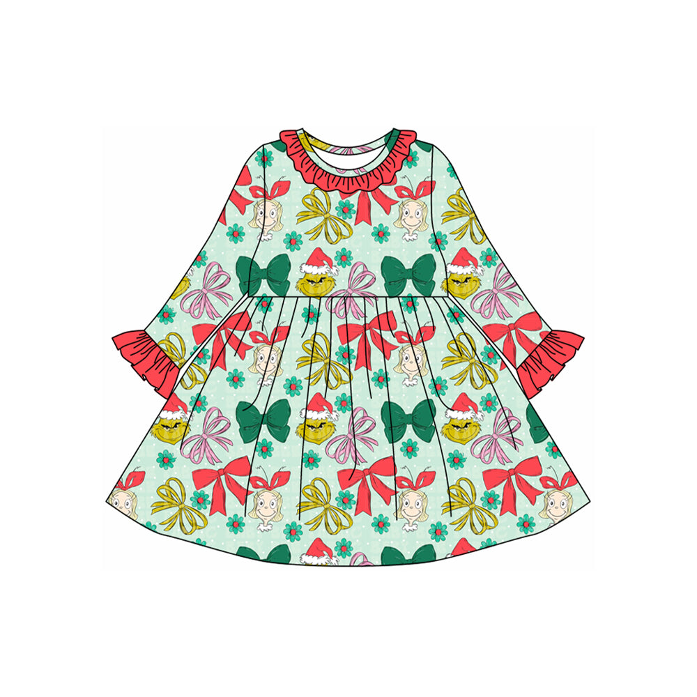 preorder GLD1240 Christmas green face bows green long sleeve girls dress