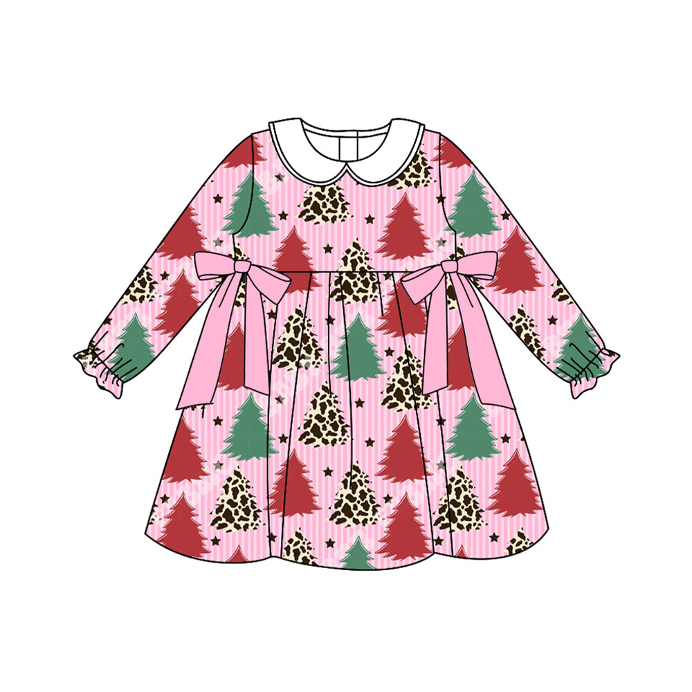 preorder GLD1242 Christmas green red tree bows pink long sleeve girls dress