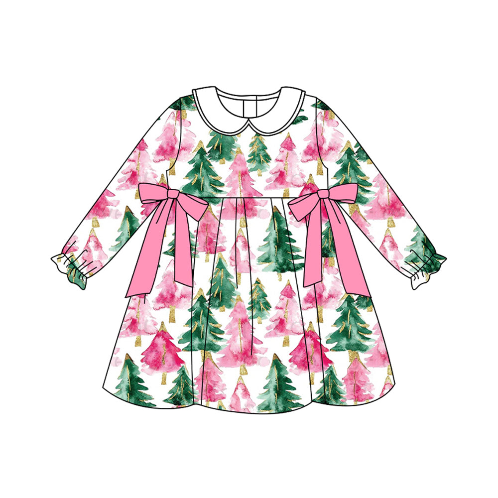 preorder GLD1246 Christmas green pink tree bows long sleeve girls dress