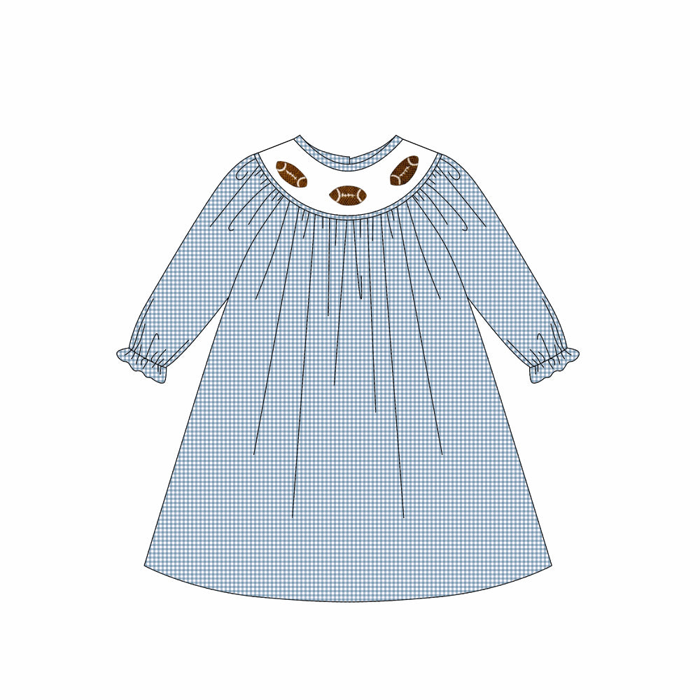 preorder GLD1247 football item blue checkered long sleeve girls dress