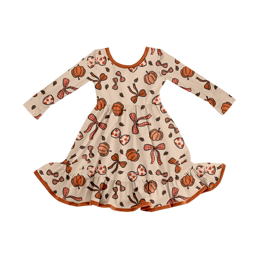 preorder GLD1255 Autumn pumpkin orange bows long sleeve girls dress
