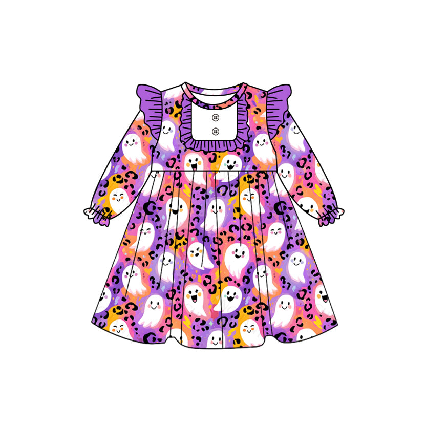 preorder GLD1265 Halloween spooky leopard purple long sleeve girls dress