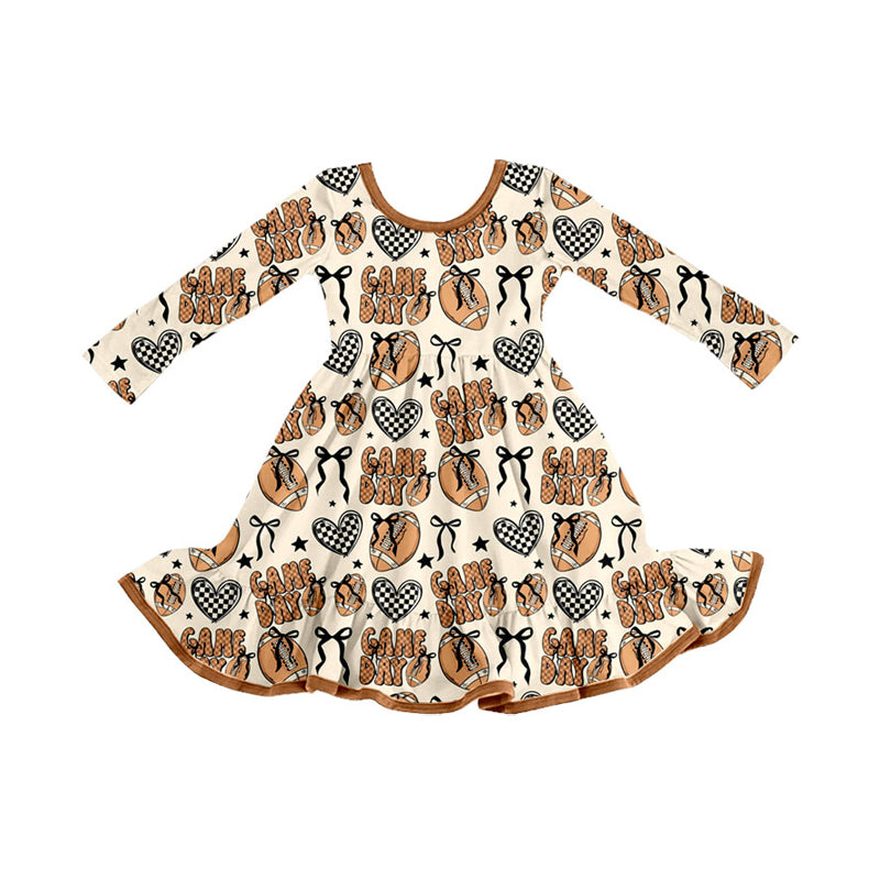 preorder GLD1270 football game day heart bows brown long sleeve girls dress
