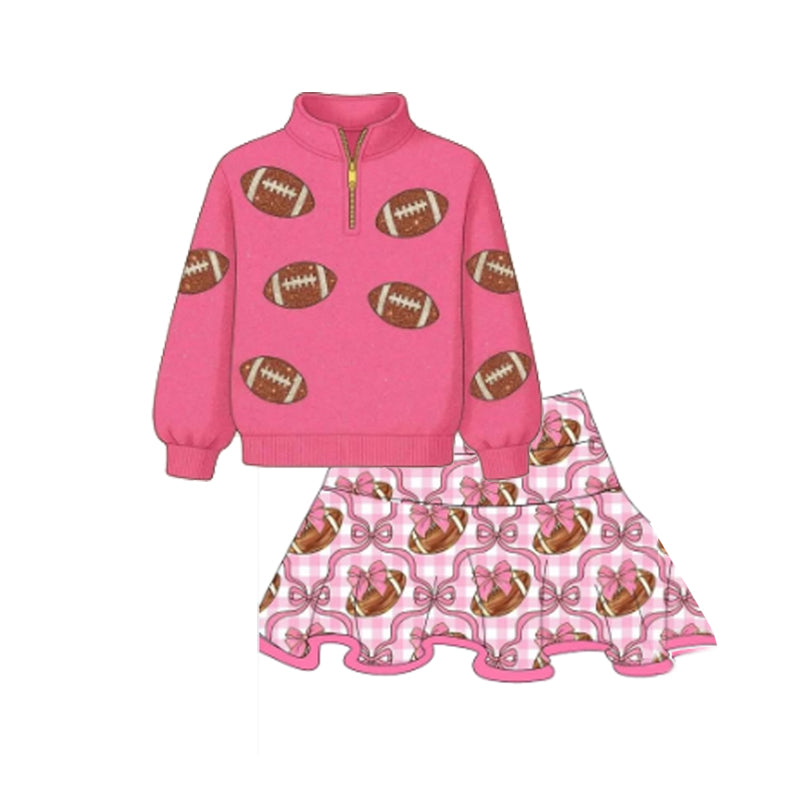 preorder GLD1288 football pink zipper long sleeev bows pink checkered skort skirt girls set