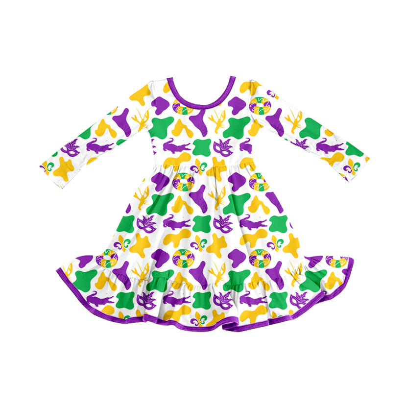 preorder GLD1291 Mardi Gras purple yellow green mask long sleeve girls dress