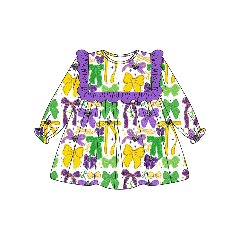 preorder GLD1308 Mardi Gras yellow purple green bows long sleeve girls dress