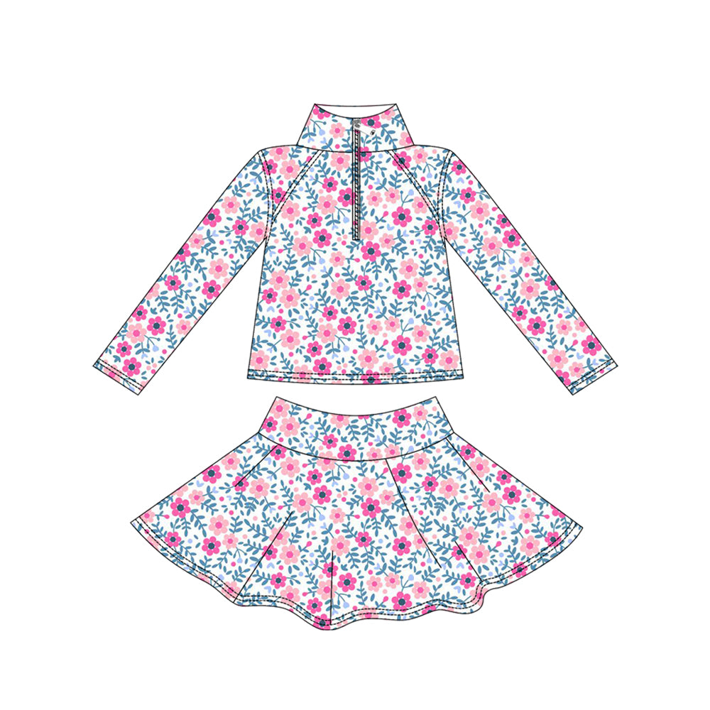 preorder GLD1311 yoga pink flowers floral zipper long sleeve skorts girls set