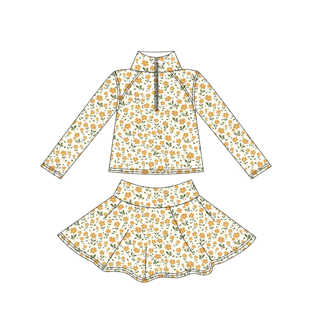 preorder GLD1312 yoga yellow flowers floral zipper long sleeve skorts girls set