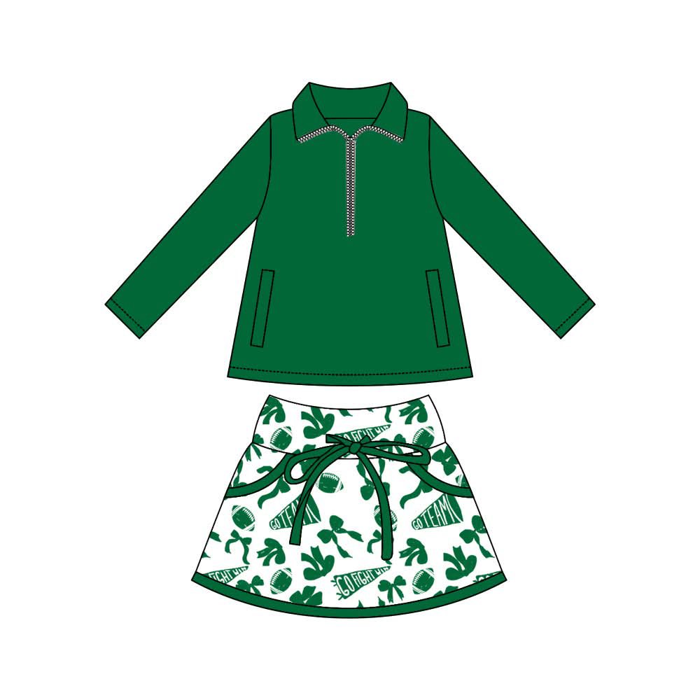 preorder GLD1327 green zipper long sleeve football bows skorts girls set