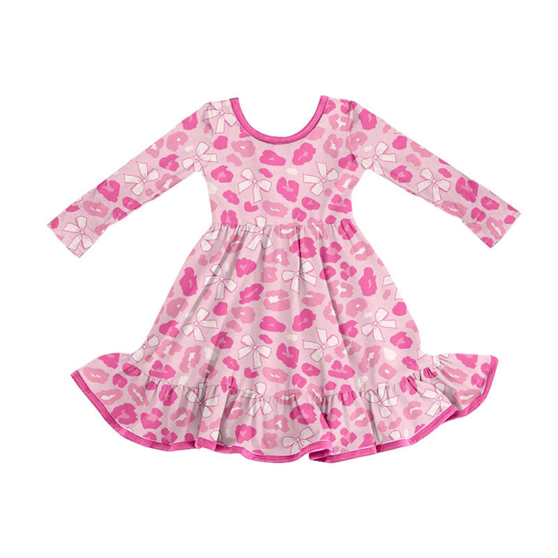 preorder GLD1328 pink bows leopard long sleeve girls dress