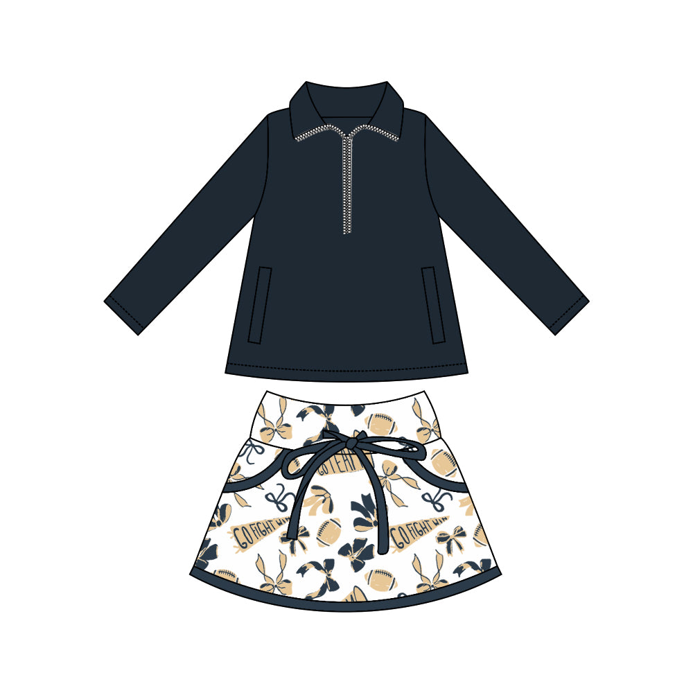 preorder GLD1337 football go fight win bows navy blue zipper long sleeve skorts skirts girls set