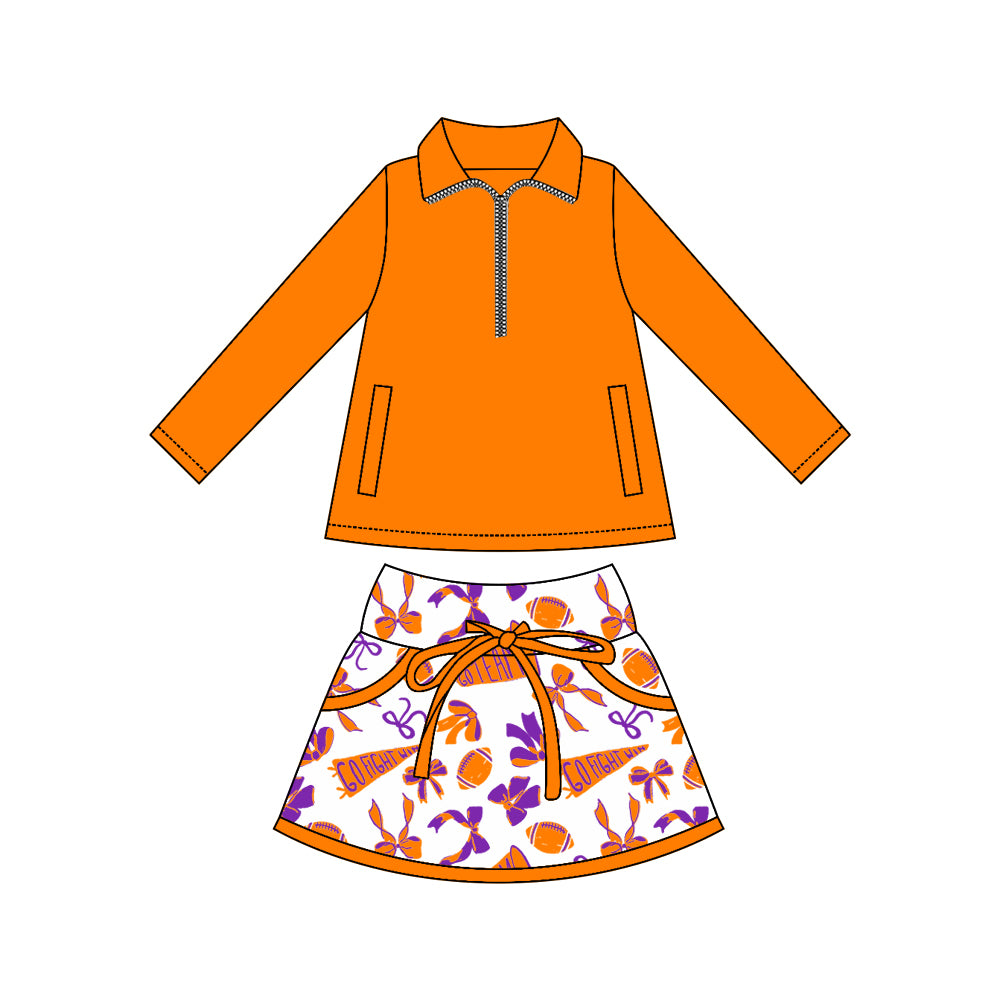 preorder GLD1338 football go fight win bows orange zipper long sleeve skorts skirts girls set