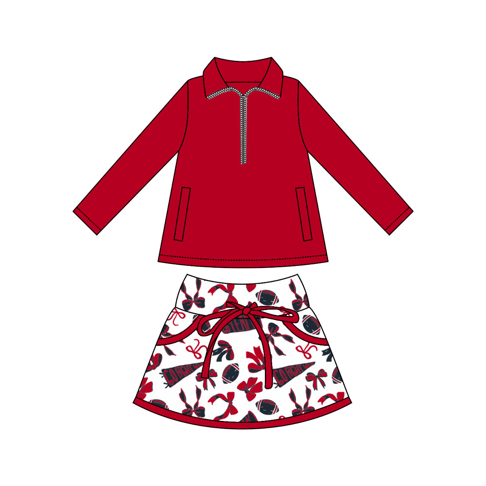 preorder GLD1339 football go fight win bows red zipper long sleeve skorts skirts girls set